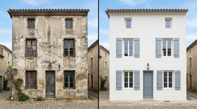 Avant et apr&egrave;s la restauration d'une maison de village ancienne, ravalement de fa&ccedil;ade blanche avec volets bleus, r&eacute;novation de b&acirc;timent historique et valorisation du patrimoine immobilier.