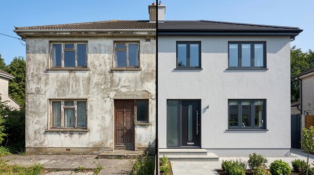 Avant et apr&egrave;s la r&eacute;novation d'une maison d&eacute;labr&eacute;e en villa moderne, transformation de fa&ccedil;ade, isolation par l'ext&eacute;rieur et remplacement des menuiseries pour la valorisation immobili&egrave;re.