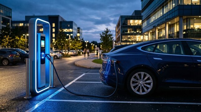 Borne de recharge &eacute;lectrique futuriste illumin&eacute;e de bleu sur un parking d'entreprise de nuit, voiture &eacute;lectrique en charge devant un centre d'affaires moderne, concept de smart city et technologie.