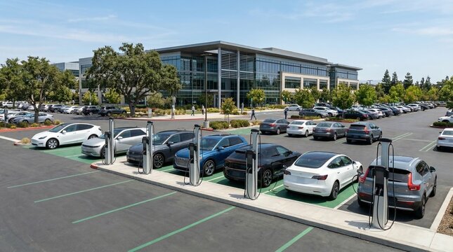 Voitures &eacute;lectriques en charge sur le parking d'un immeuble de bureaux moderne, concept de mobilit&eacute; durable en entreprise et infrastructure de recharge pour v&eacute;hicules propres.