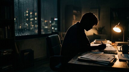Man studying at desk by desk lamp in rainy city night