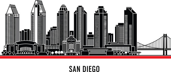Fototapeta premium Black and white skyline silhouette of San Diego with red stripe and text city architecture