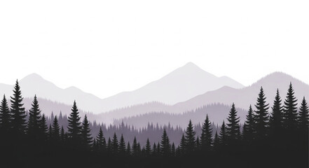 Misty Mountain Range Silhouette with Pine Forest.