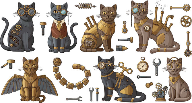 Steampunk mechanical cats collection with gears goggles robotic parts vintage clockwork cat characters fantasy vector illustration set