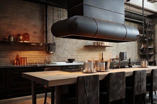 Modern industrial kitchen featuring a large wooden island with bar stools and a metal hood