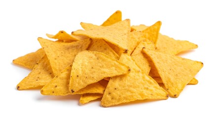 Fototapeta premium Heap of crispy golden tortilla chips on white background, perfect for snack food advertising