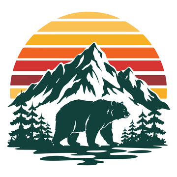 Bear walking in front of mountain range with pine trees at sunset  scenic landscape with bear silhouette