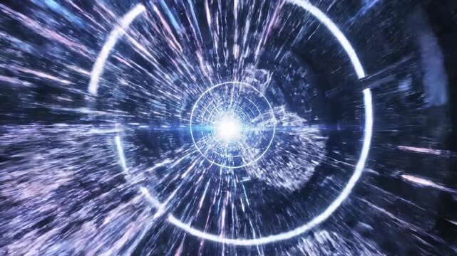 Abstract data flow streaming through futuristic tunnel with glowing circular interface concept of high speed information transfer and digital technology