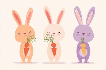 Fototapeta premium Set of adorable bunny mascots in pastel orange, purple, and beige holding carrots, featuring cute expressions and rounded shapes, suitable for children's themes or Easter designs