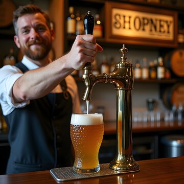 Bartender Pulling Cask Ale with Traditional Beer Engine Hand Pum