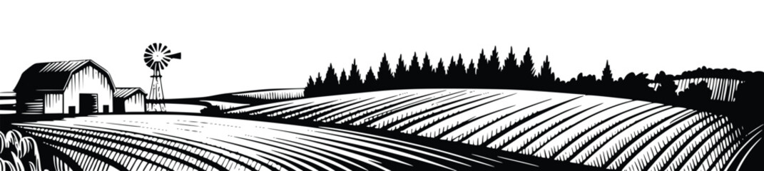 Countryside farm landscape panorama with barn windmill and field agriculture scenery engraving style vector illustration rural horizon view © SagorKundu