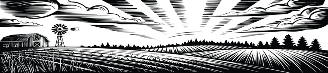 Farm field at sunset with sunburst rays barn and windmill panorama vector engraving illustration rural agriculture landscape backgrounds © SagorKundu