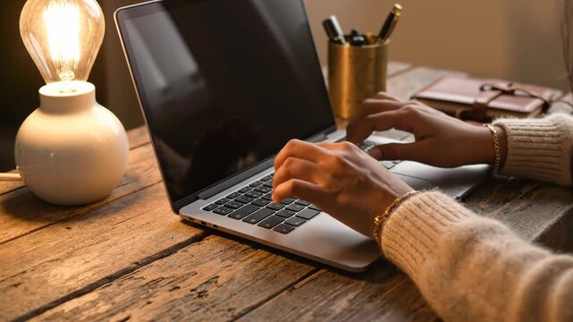 Woman typing on laptop computer at wooden desk with lamp