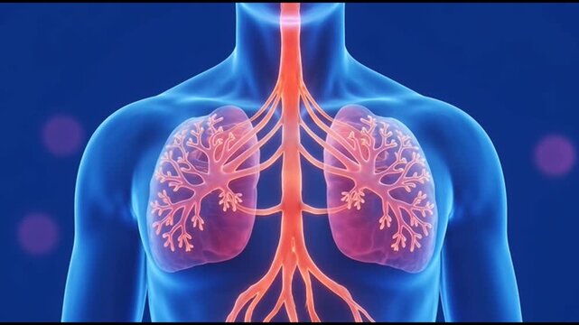 Human body showing detailed lungs and trachea anatomy internally
