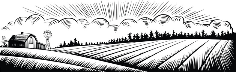 Rural farm landscape with barn and windmill, field rows, trees, and sun rays through clouds in woodcut engraving style © SagorKundu