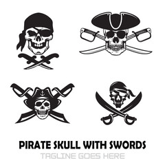 pirate skull with swords logo design template