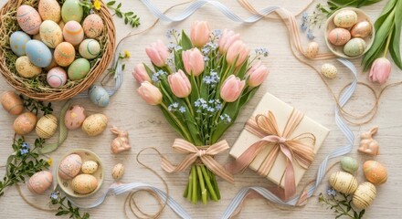 Easter's Floral Embrace: A delicate spring scene unfolds with a charming arrangement of pastel-colored eggs nestled alongside a bouquet of blossoming tulips, a symbol of rebirth, joy.