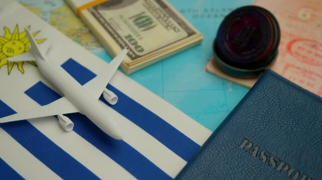 Airplane landing beside passport with visa stamp and dollar cash on world map with Uruguay flag, concept of travel and visa process.