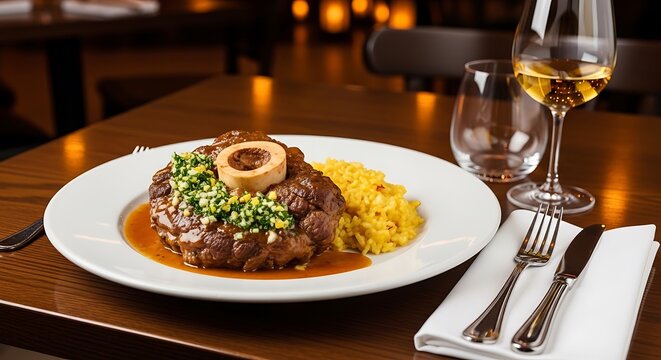 A delicious plate of osso buco served with risotto and wine in a restaurant