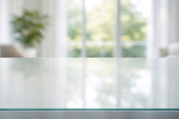 Fototapeta premium Polished glass surface creating a subtle reflection of a bright, contemporary living room with a green plant and white curtains, offering a clean display for products