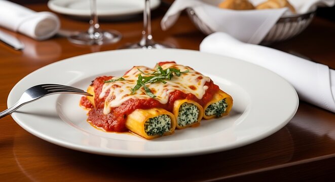 A delicious plate of cannelloni with melted cheese and fresh herbs on a restaurant table