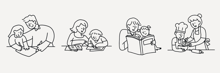 Family activities line art vector set