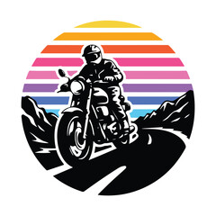 Motorcycle rider on a winding road at sunset with mountains in the background  a biker wearing a helmet rides a bike on a curved road with a colorful sky and hills
