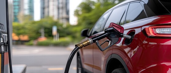 Naklejka premium Refueling a red car at a city service station with a close-up of the pump and nozzle in focus during daylight
