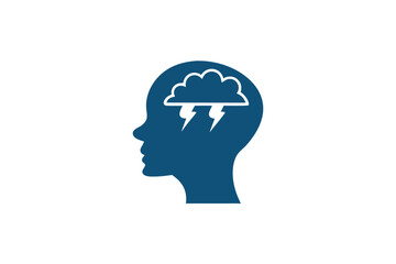 Profile silhouette of a head under a turbulent storm cloud, representing internal struggle, confusion, or a bad state of mind.