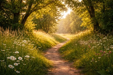 Obraz premium Winding dirt path leading into a golden sunlit forest, bordered by tall green grass and white wildflowers, creating a peaceful and inviting natural scene