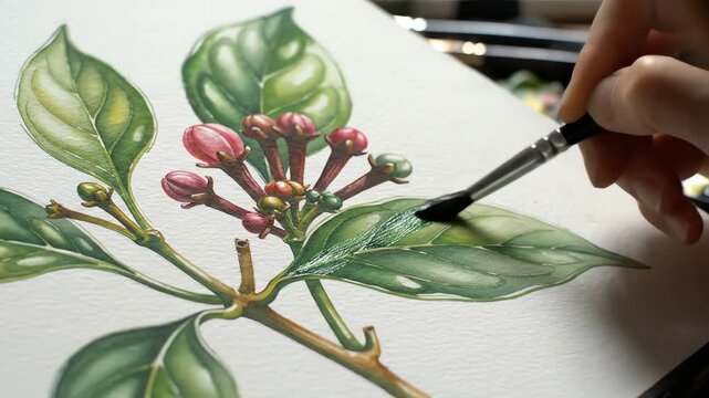 Botanical illustration artistic process painting leaves and buds close up