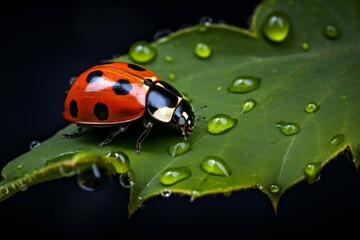 Obraz premium Ladybug walking on a fresh green leaf covered with water droplets against a dark background