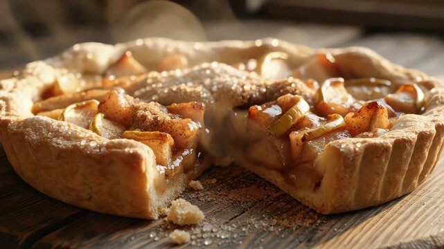 Close up of a freshly baked apple pie on a wooden surface