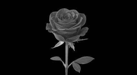 Fototapeta premium A grayscale rose stands alone on a transparent background with leaves and stem