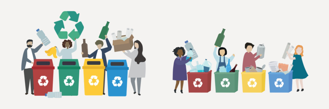 Diverse people recycling together vector set