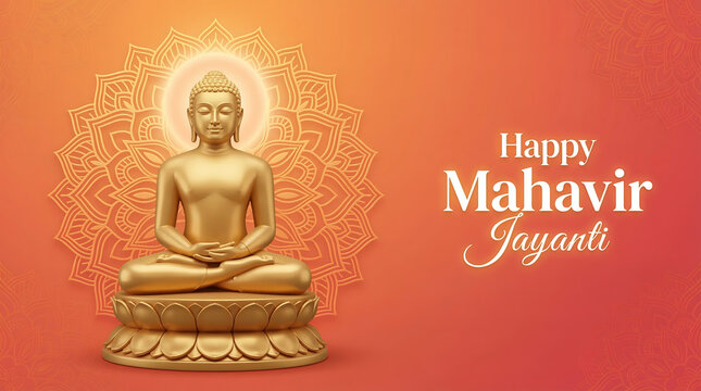 Golden buddha statue meditating on lotus base with mandala happy mahavir jayanti celebration
