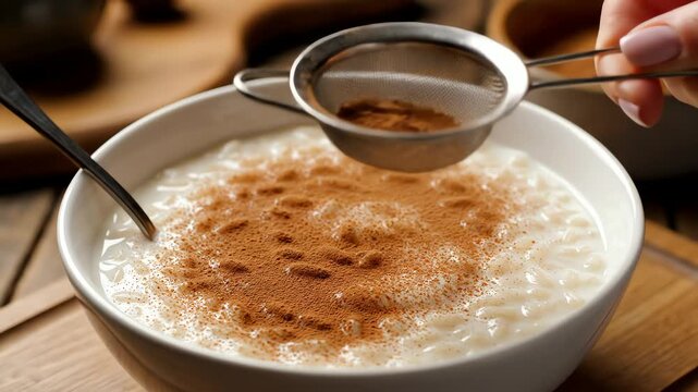 Close up of a hand sprinkling cinnamon powder over a bowl of creamy rice pudding