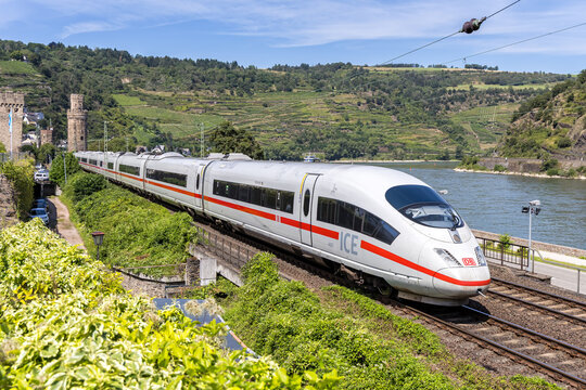 ICE 3 high-speed train of Deutsche Bahn DB on the West Rhine Railway in Oberwesel, Germany