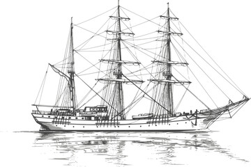 Naklejka premium Majestic yacht sailing ship with large sails, cruising on the ocean waves, drawn in an engraved, woodcut style sketch engraving vector illustration. Scratch board. Transparent background EPS version.