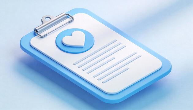Minimalist 3D icon of a medical clipboard with a heart symbol. Represents health records, patient care, medical checkups, or health insurance. Clean and simple design.