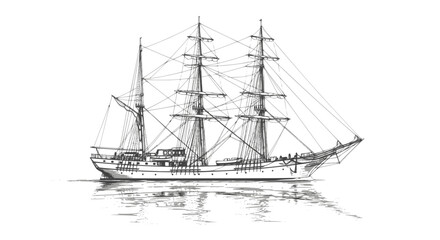 Majestic yacht sailing ship with large sails, cruising on the ocean waves, drawn in an engraved, woodcut style sketch engraving vector illustration. Scratch board. Transparent background SVG version.