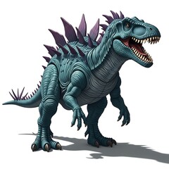 Fototapeta premium A tealcolored dinosaur with purple spikes on its back and tail standing on a white surface with its mouth open showing sharp teeth