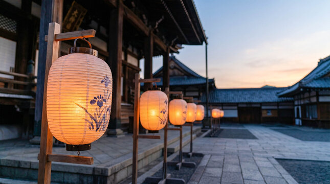 Traditional Japanese lanterns illuminated at shrine during sunset  