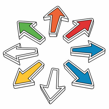 Circular arrangement of eight 3d arrows half colored and half uncolored point outwards depicting options or directions