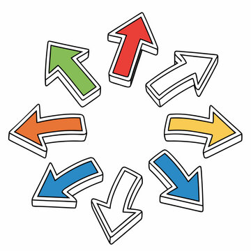 Circular arrangement of eight 3d arrows with half colored and half uncolored sections pointing outwards