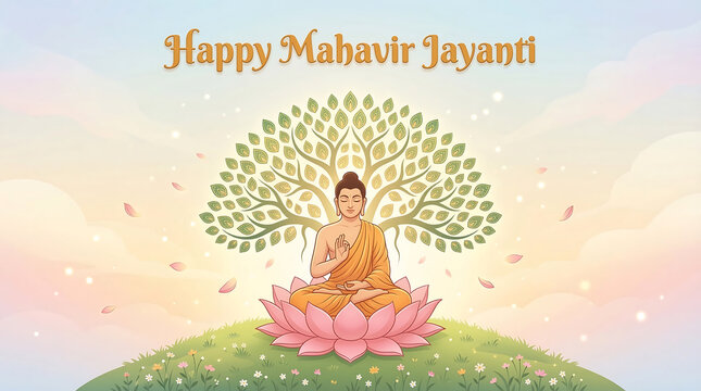 Buddha sits on pink lotus under tree on green hill with mahavir jayanti greeting symbolizing peace and spirituality