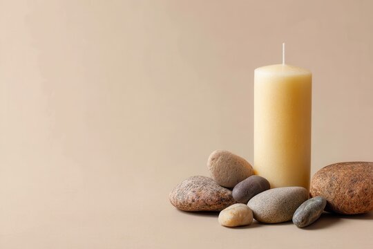 Still life of pillar candle with smooth stones on beige background studio shot minimal style