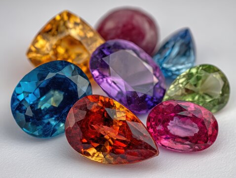 Collection of colorful gemstones on white background studio shot close up of precious gems