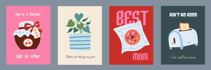 Set of Happy Mother's day greeting card with abstract floral, plant, donut, bread, doodle on background poster. Creative spring card template with typography text. Happy Women's Day illustration. © Sinta Alfa