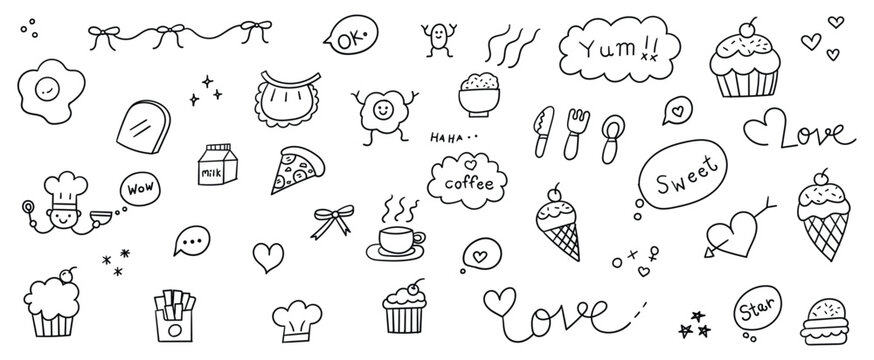 Collection of hand drawn food and kitchen doodles featuring dessert pastries coffee and fast food icons vector illustration design.